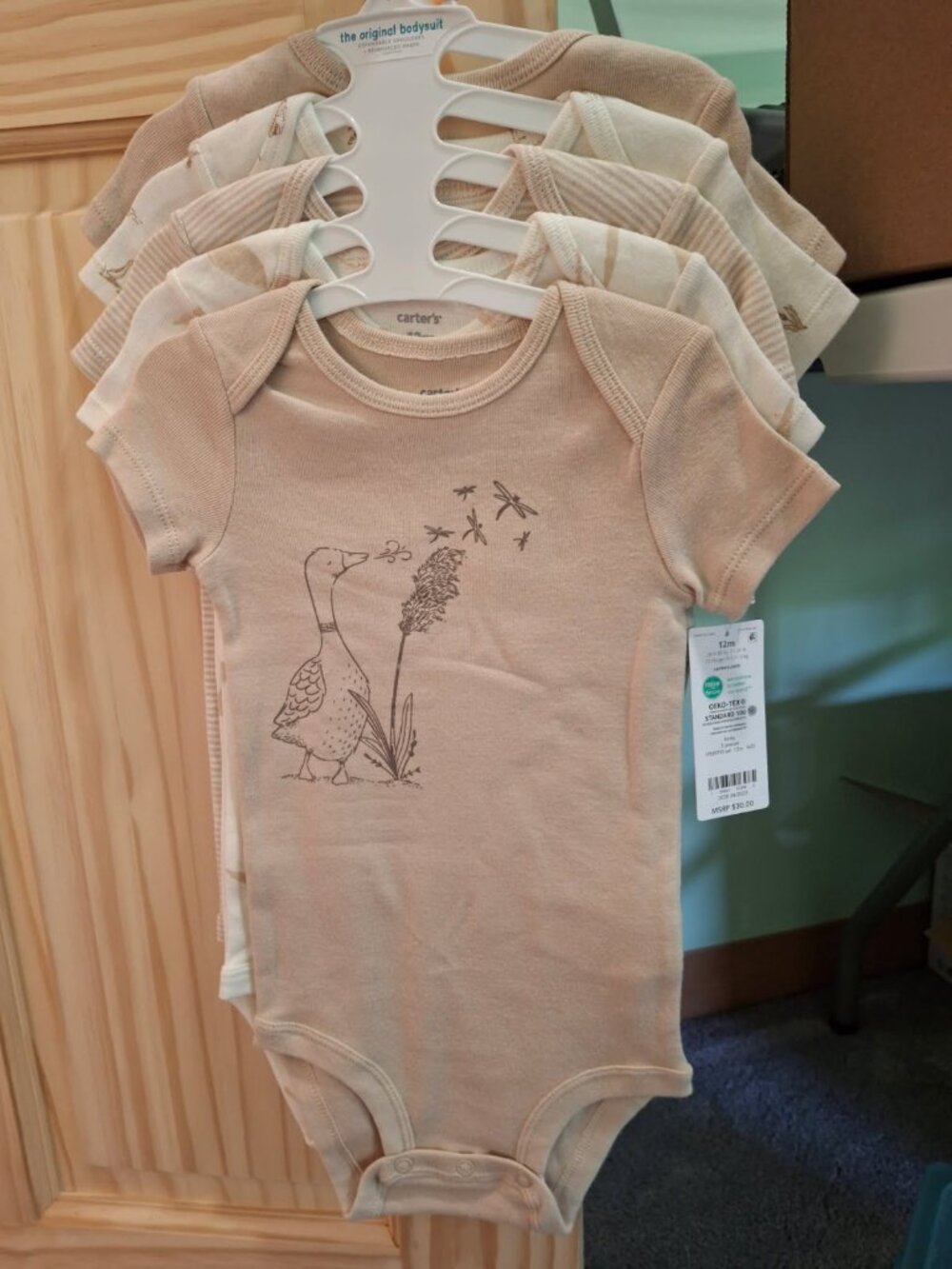 NWT Carter’s 12-18 mo 5 Piece Baby Infant short sleeve bodysuits, brown w/ ducks